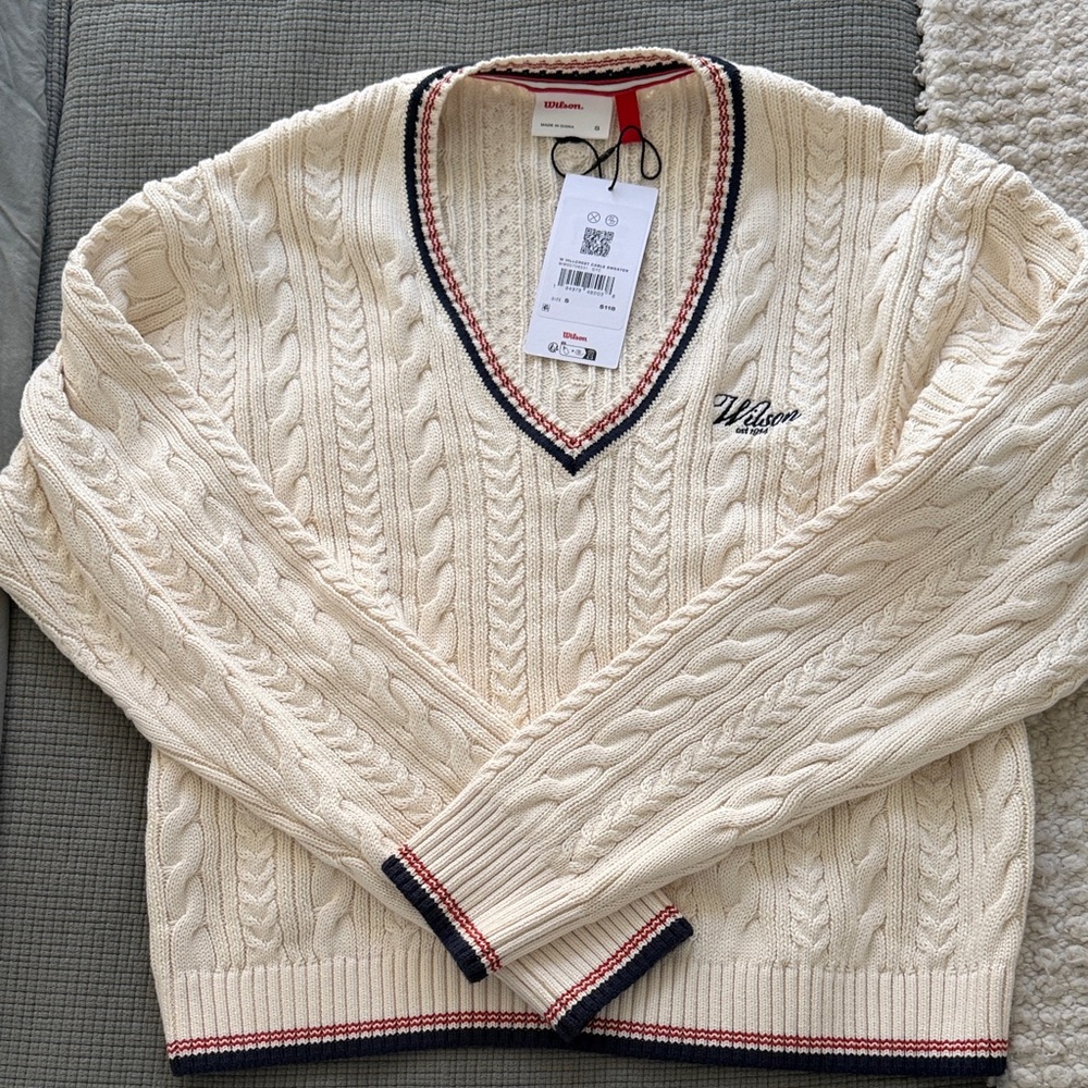 Wilson V-Neck Sweater in Cream with Navy and Red Accents